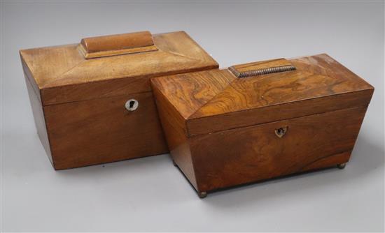 A mahogany tea caddy and a similar rosewood caddy